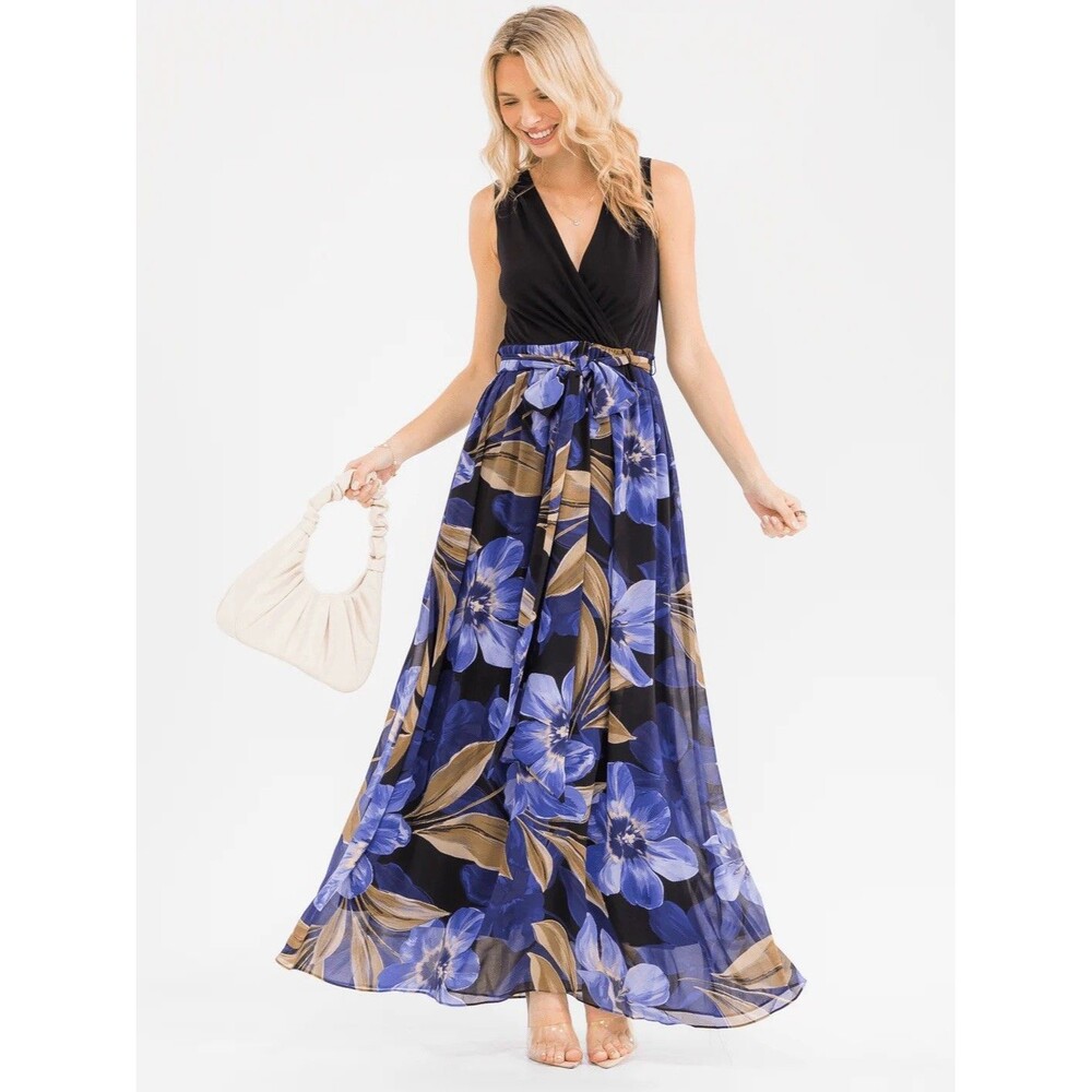 WOMEN'S SLEEVELESS SURPLICE SELF TIE RUFFLE FLORAL MAXI  DRESS Size Small